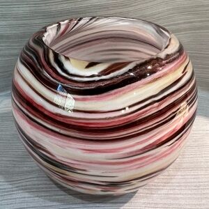 Unique Swirled Art Glass Small Bowl – Pink, Brown & White – 4” Tall